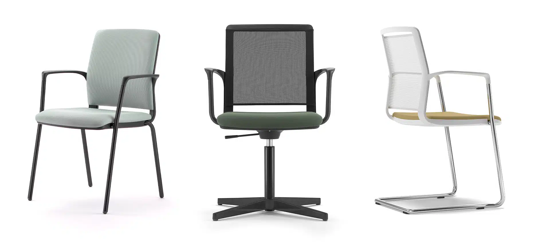 Three variations of a modern office meeting chair shown side-by-side: a four-legged fabric version in light blue, a swivel mesh version in dark green, and a white cantilever mesh version with a tan seat.