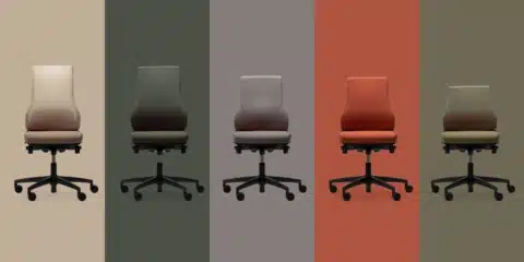 Five RH Axia ergonomic chairs in beige, dark green, grey, orange, and olive green, each set against a matching color-block background.