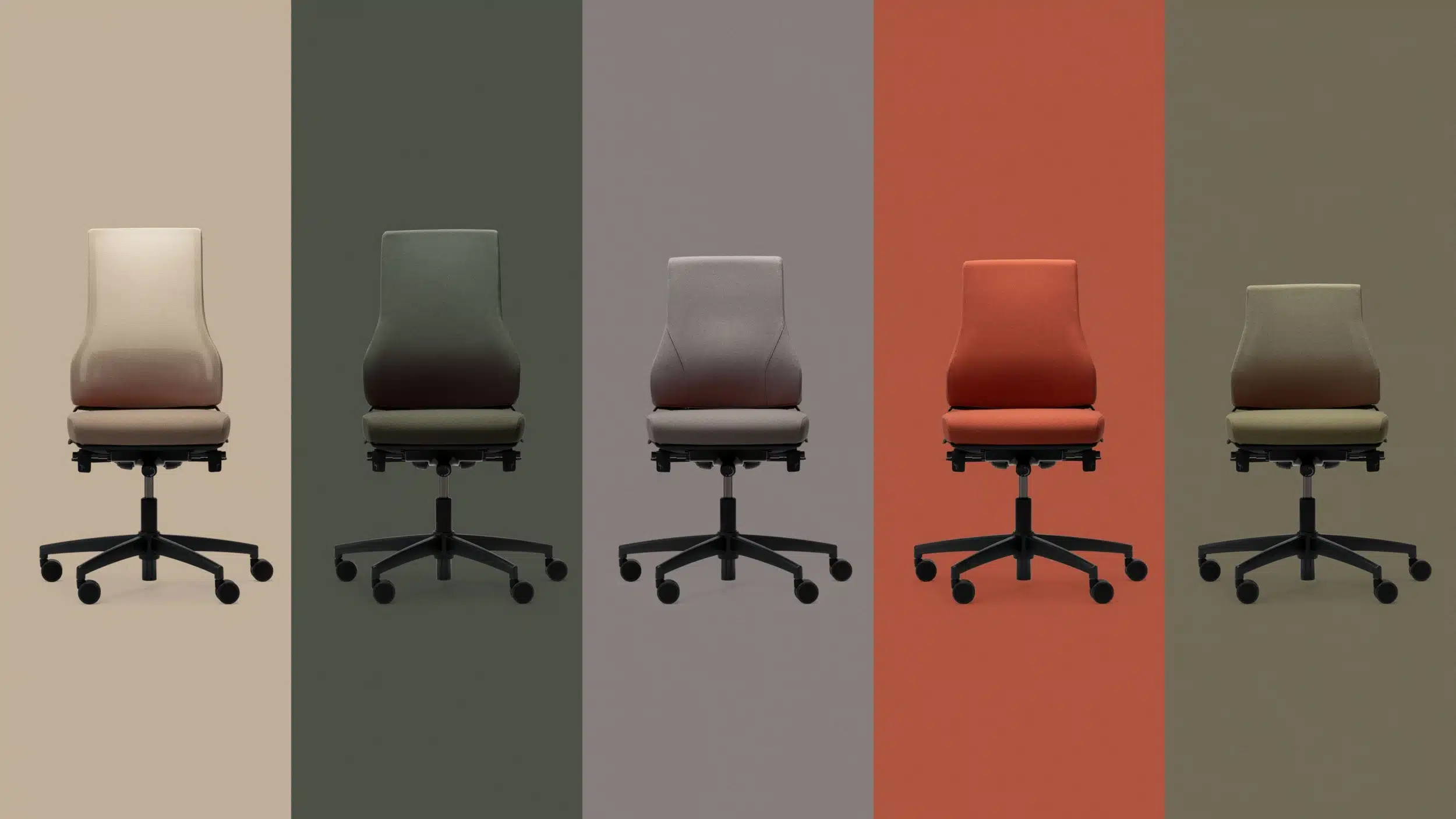 Five RH Axia ergonomic chairs in beige, dark green, grey, orange, and olive green, each set against a matching color-block background.