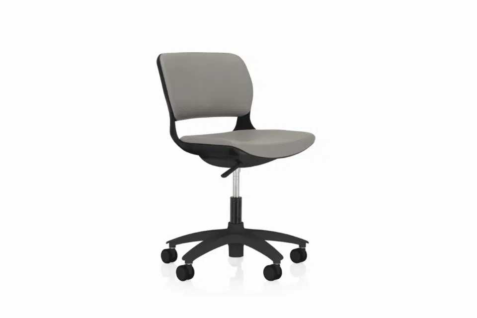 Ace ergonomic task chair with grey seat padding, open lumbar frame, and black five-star swivel base with wheels.