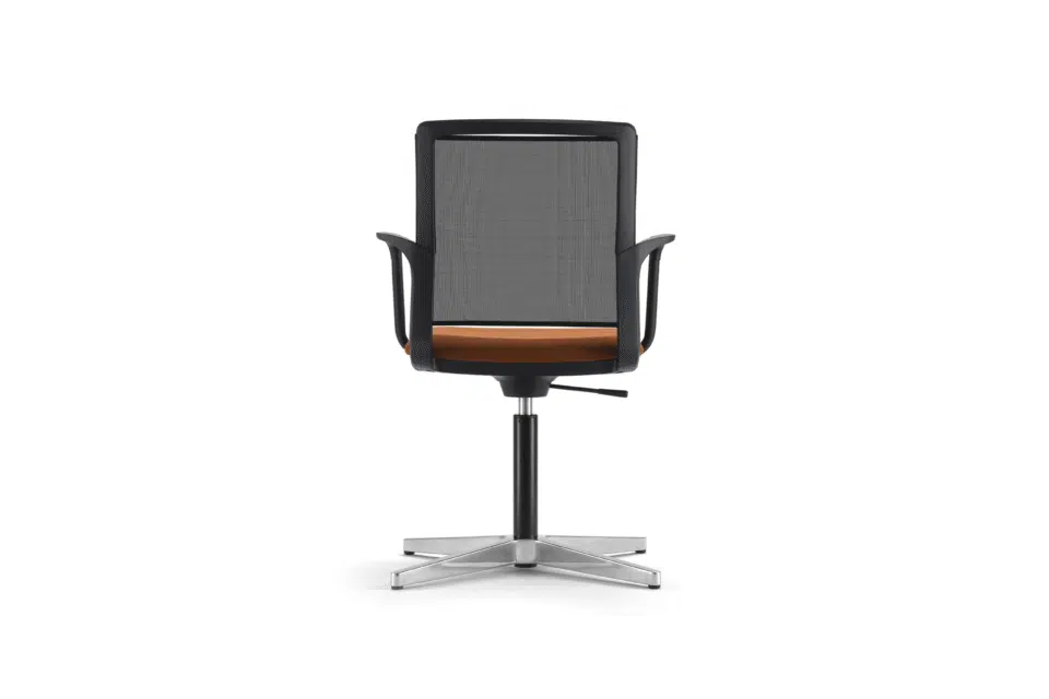 A front view of a modern office chair with a black mesh backrest, integrated loop armrests, and a burnt-orange cushioned seat on a stationary four-star pedestal base.