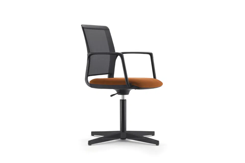 A side-profile view of a modern office chair with a black mesh backrest, integrated loop armrests, and a burnt-orange cushioned seat on a stationary four-star pedestal base.