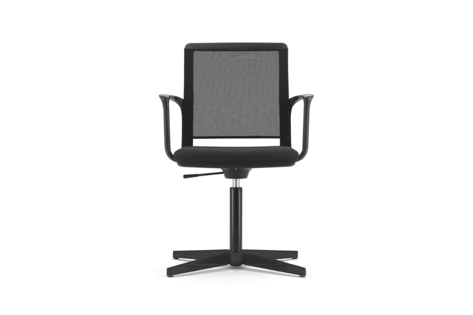 A front-facing view of an all-black modern office chair with a square mesh backrest, curved armrests, and a four-star stationary pedestal base.