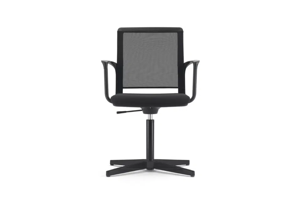 A front-facing view of an all-black modern office chair with a square mesh backrest, curved armrests, and a four-star stationary pedestal base.
