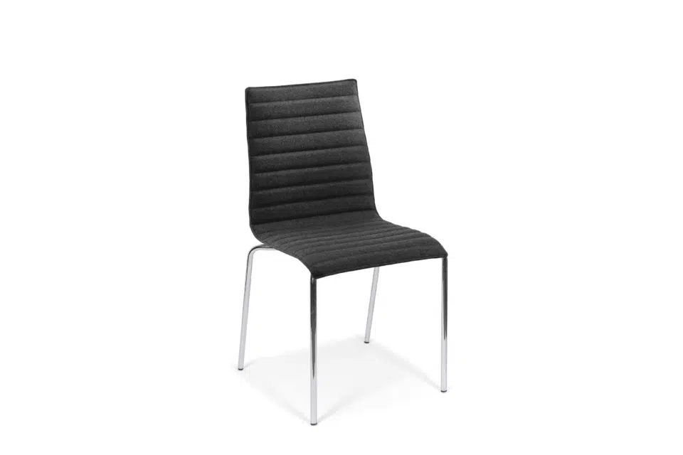 Bjorn cantilever chair with charcoal ribbed fabric upholstery and a slim chrome sledge frame.