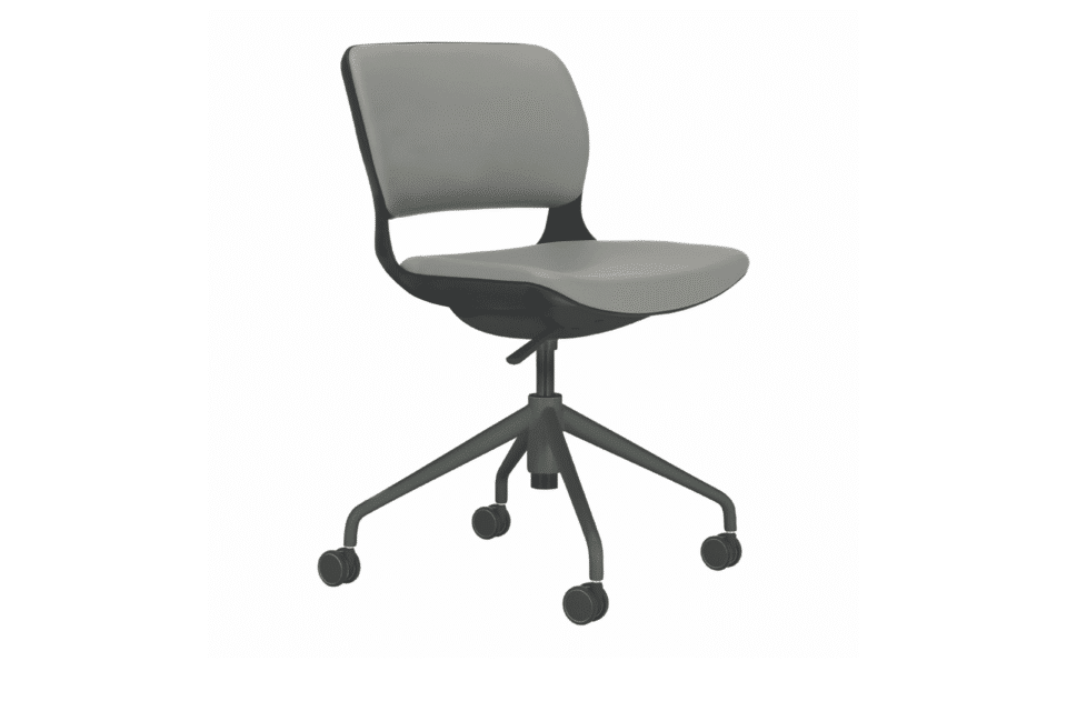 Ace swivel chair with grey upholstery, black open lumbar frame, and a five-star wheeled base on a white background.