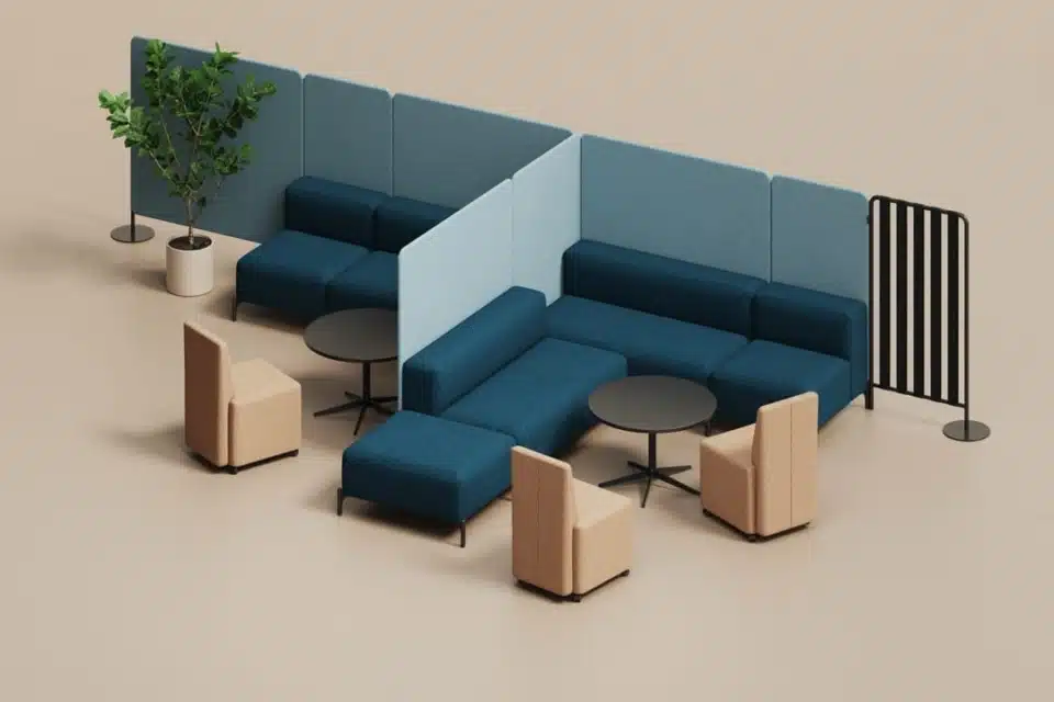 High-back FourPeople modular booth seating in navy blue and tan with acoustic privacy screens.