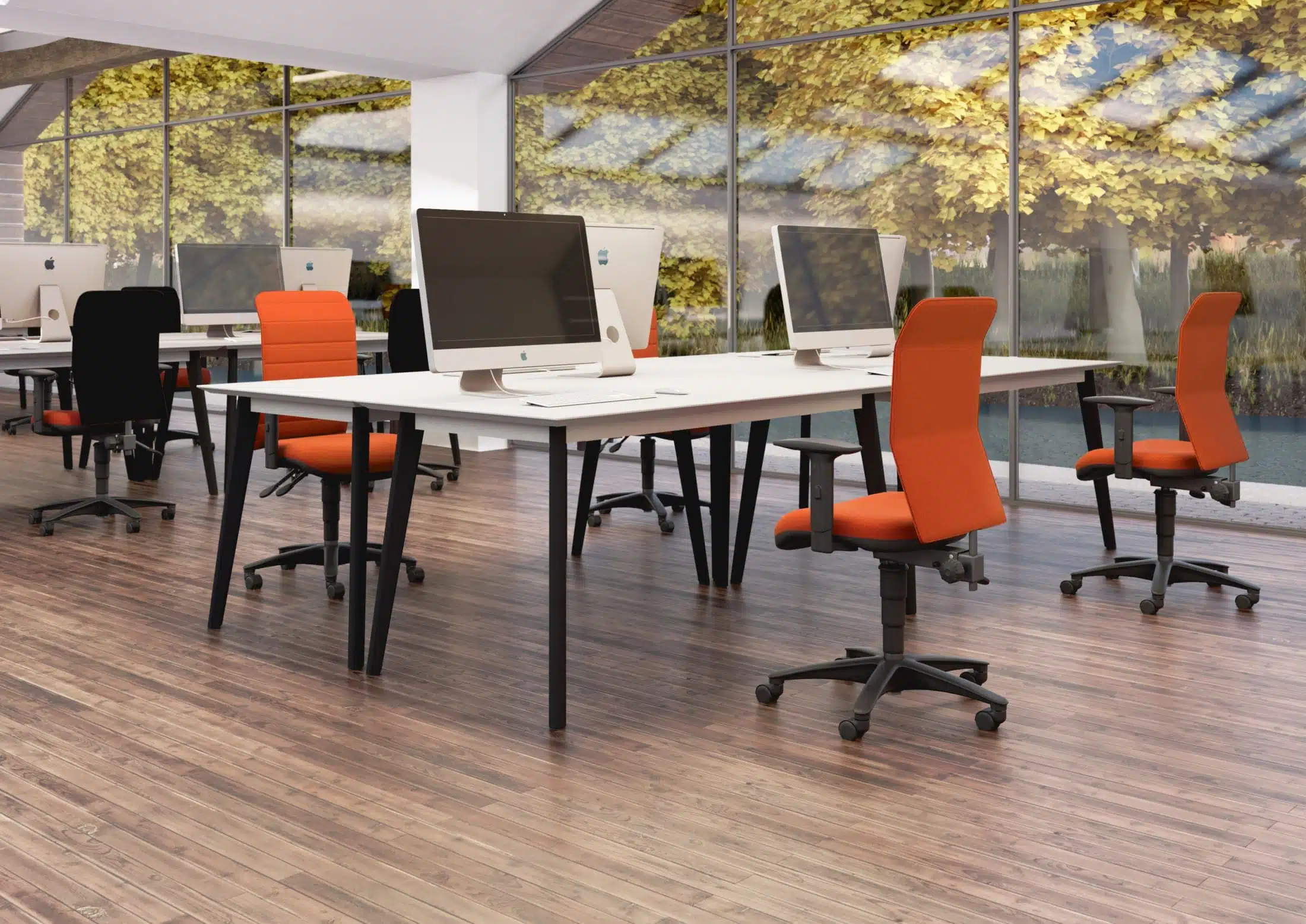 Air Ergonomic Chair in orange in a large open-plan room.