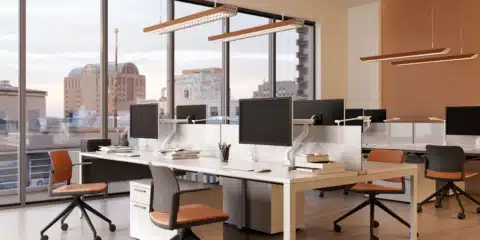 Ciao height-adjustable mobile office chair with orange upholstery and black frame in a modern open plan workspace by iQ Workspace.