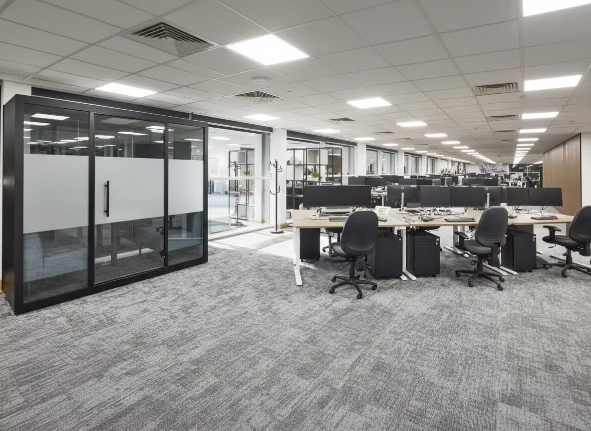 Modern open-plan office at MSC Ipswich featuring a black acoustic meeting pod, Imperial sit-stand desks and ergonomic chairs.