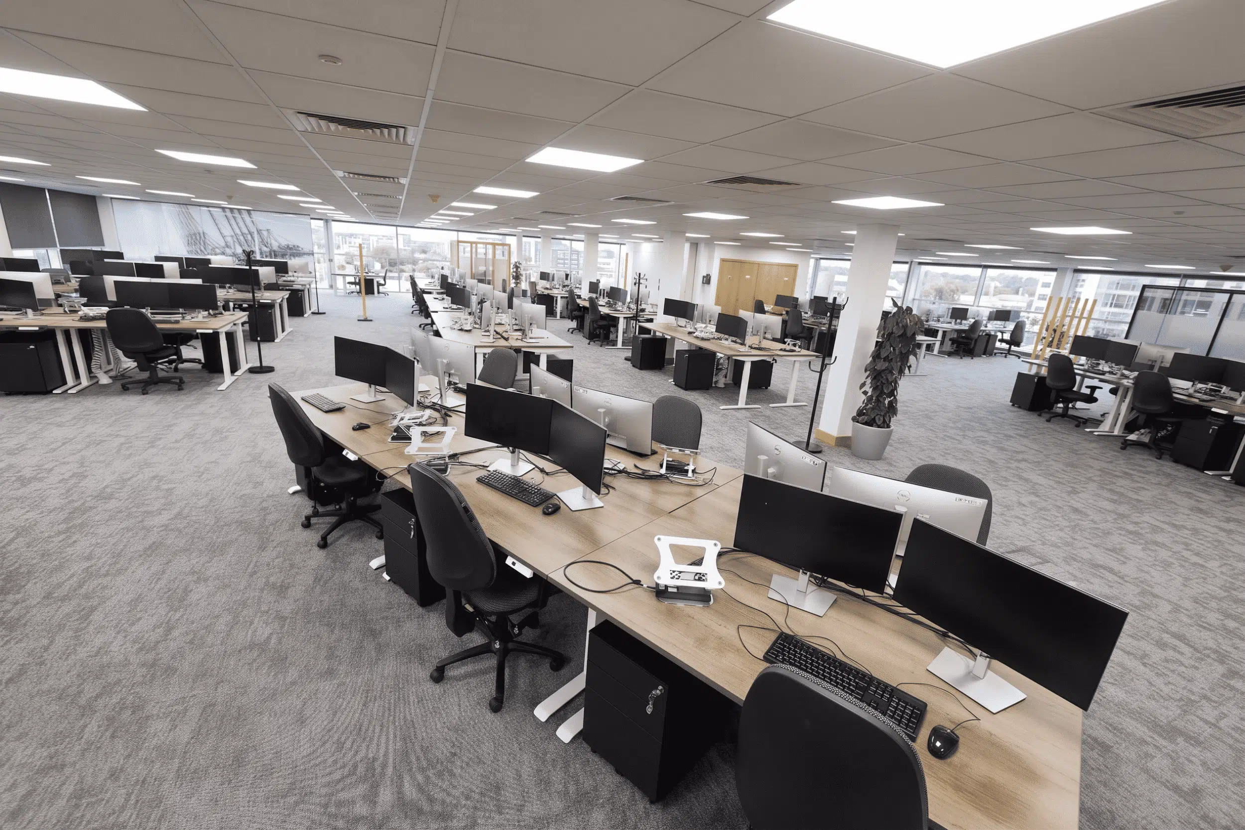A wide-angle view of a large, empty open-plan office featuring rows of wooden desks with computer monitors, black chairs, and daylight shining through large windows.