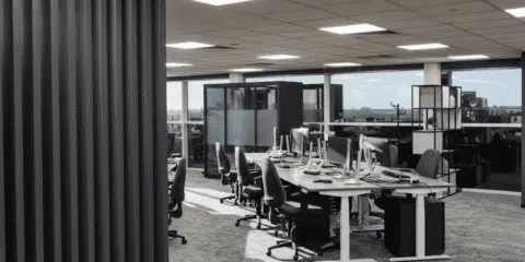 Refurbished open-plan office at MSC Ipswich featuring a prominent black slatted partition wall, Imperial sit-stand desks, and ergonomic seating.