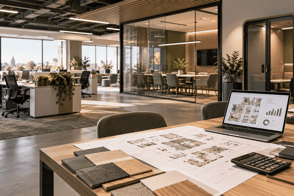 Contemporary open-plan office workspace featuring ergonomic desks, modular seating, modern lighting, and vibrant indoor plants.