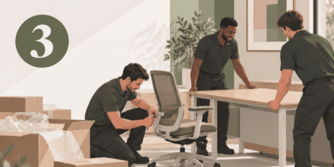 Alternative view of a modern consultation area featuring ergonomic furniture, acoustic paneling, and an integrated work surface.