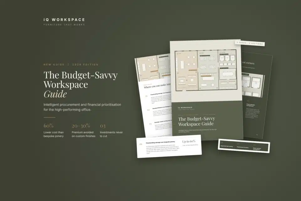 Hero banner for the iQ Budget-Savvy Workspace Guide, displaying smart procurement strategies and office design cost optimization techniques.