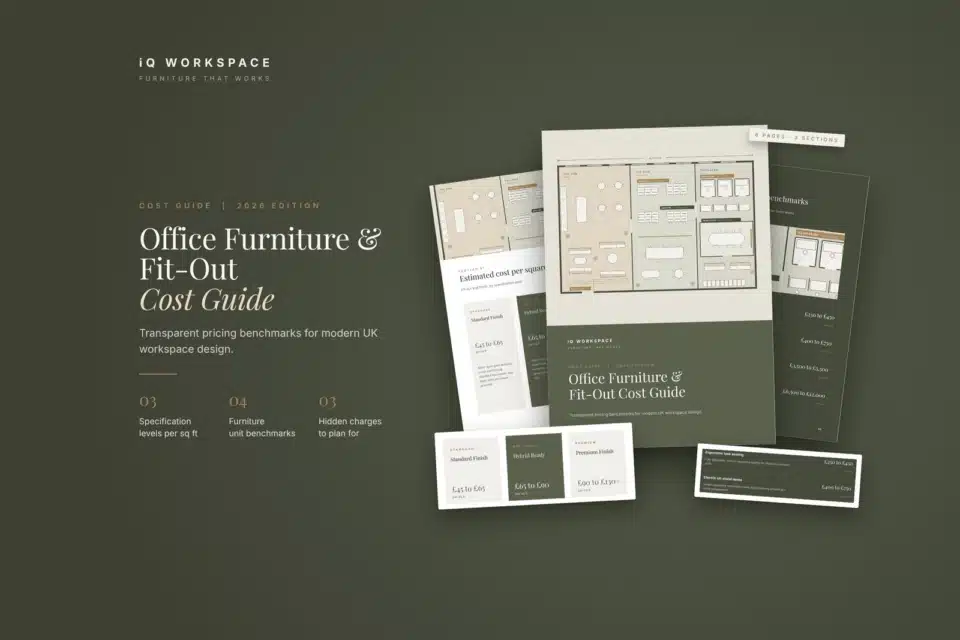 Hero banner for the iQ Fit-Out Cost Guide 2026, showcasing office interior cost benchmarks and commercial furniture pricing guidelines.