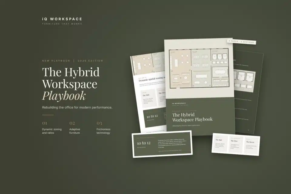Hero banner for the iQ Hybrid Workspace Playbook 2026, displaying a modern guide cover for agile spatial zoning and hybrid office strategies.