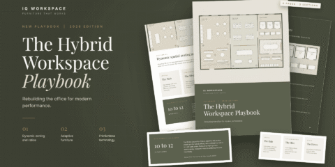 Hero banner for the iQ Hybrid Workspace Playbook 2026, displaying a modern guide cover for hybrid office strategies and flexible workspace design.