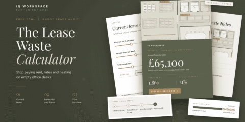 Hero banner for the iQ Lease Waste Calculator, displaying financial and sustainability metrics for office workspace leasing.