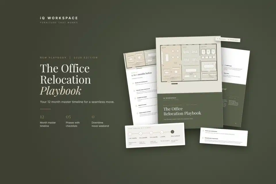 Hero banner for the iQ Office Relocation Playbook 2026, showcasing a comprehensive guide to managing commercial office moves and timeline planning.