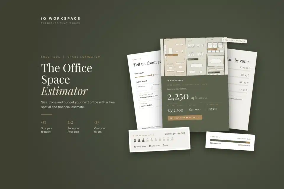 Hero banner for the iQ Space Estimator interactive diagnostic tool, showing floor plan calculations and office space requirements for hybrid teams.