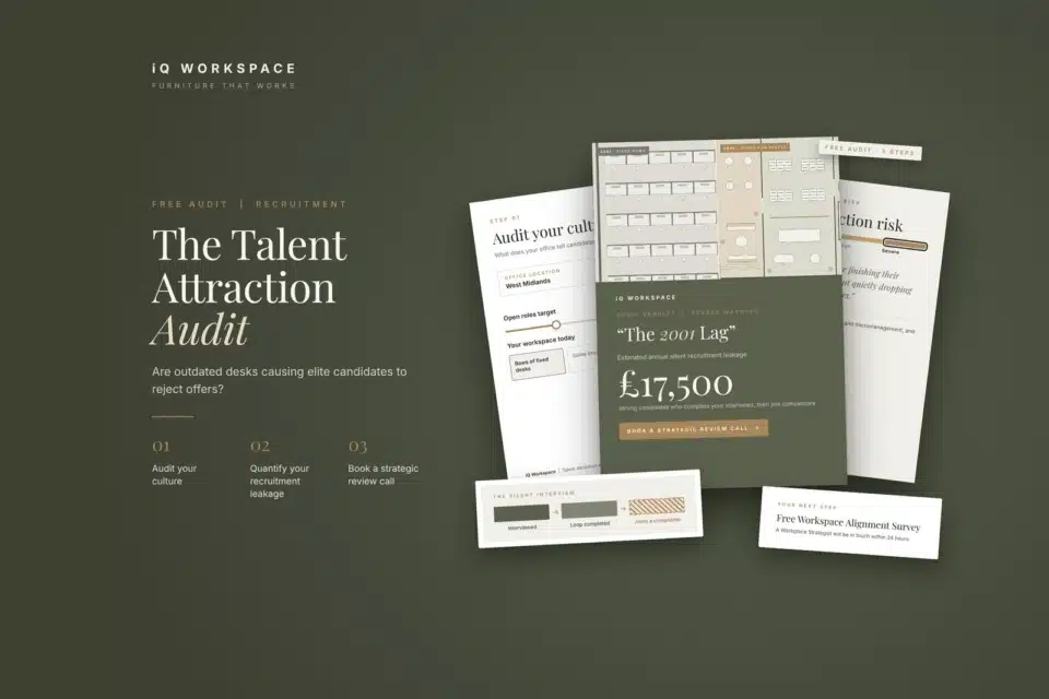 Hero banner for the iQ Talent Attraction Audit tool, displaying workplace assessment metrics for candidate recruitment and office culture.