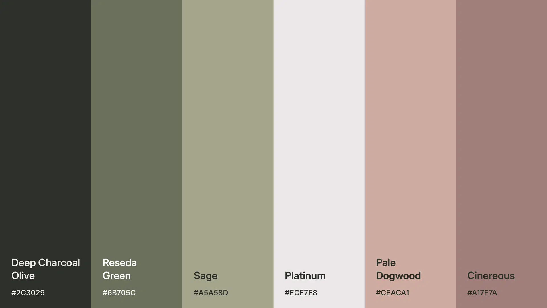 Color palette visual showcasing the iQ Workspace brand colors, featuring Deep Charcoal Olive, Reseda Green, Sage, Platinum, Pale Dogwood, and Cinereous.